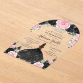 ブラックピンクのフローラ花ドレスシルバーキンセアニェラ アクリル招待状 (レイダウン)