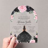 ブラックピンクのフローラ花ドレスシルバーキンセアニェラ アクリル招待状 (インサイチュ (ポータブル))