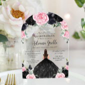 ブラックピンクのフローラ花ドレスシルバーキンセアニェラ アクリル招待状