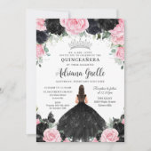 ブラックピンクのフローラ花ドレスシルバーキンセアニェラ 招待状 (正面)