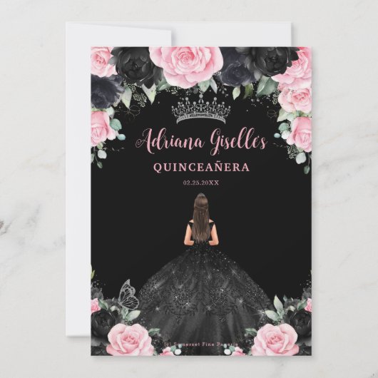 ブラックピンクのフローラ花ドレスシルバーキンセアニェラ 招待状 (裏面)