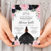 ブラックピンクのフローラ花ドレスシルバーキンセアニェラ 招待状