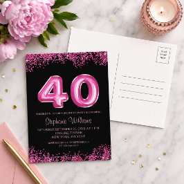 ブラックピンクのラメ入り40歳の誕生日パーティー インビテーションポストカード