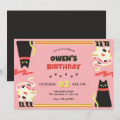 ブラックピンクのレトロな猫の誕生日 招待状 (正面/裏面)