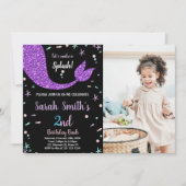 ブラックピンクの人魚の尾の誕生日（写真付き） 招待状 (正面)