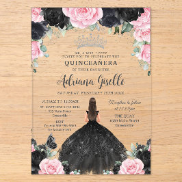 ブラックピンクの花のドレス シルバーのキンセイエラ アクリル招待状