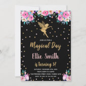 ブラックピンクの花の妖精の誕生日招待状 招待状 (正面)