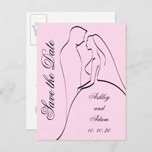 ブラックピンクの花嫁と花婿の日付を保存 案内ポストカード (正面/裏面)