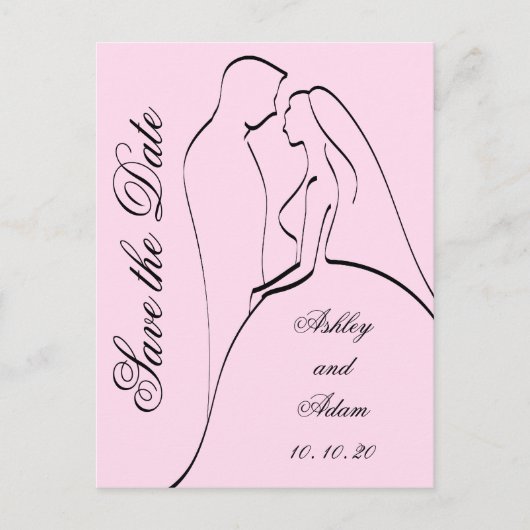 ブラックピンクの花嫁と花婿の日付を保存 案内ポストカード (正面)