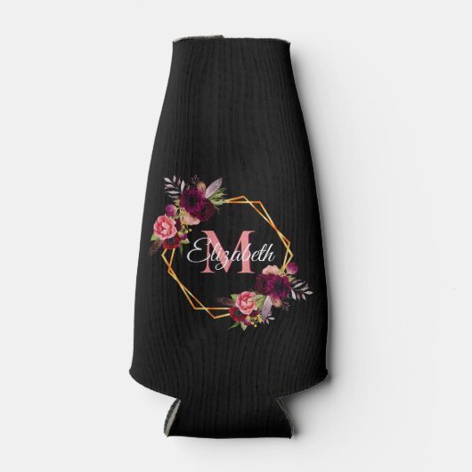 ブラックピンクの花模様のゴールド幾何学ネームプレート ボトルクーラー (正面)