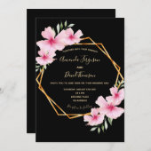 ブラックピンクの花金ゴールド幾何結婚の 招待状 (正面/裏面)