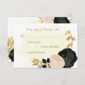 ブラックピンクの花金ゴールド植物結婚式RSVP ca 出欠カード (正面/裏面)