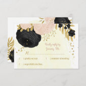 ブラックピンクの花金ゴールド結婚植物学 出欠カード (正面/裏面)