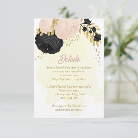 ブラックピンクの花金ゴールド結婚植物詳細 エンクロージャーカード (スタンド正面)