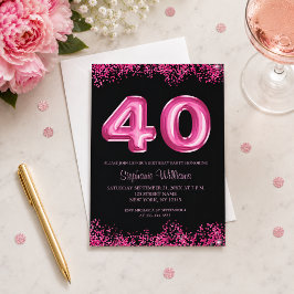 ブラックピンクの風船 グリッター 40歳の誕生日パーティー 招待状