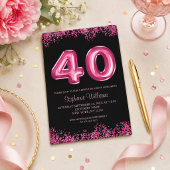ブラックピンクの風船 グリッター 40歳の誕生日パーティー 招待状