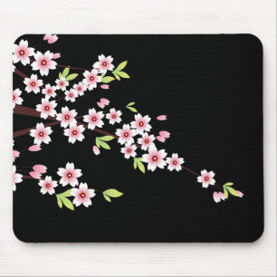 ブラックピンクアンドグリーンさくらんぼブロッサム桜 マウスパッド