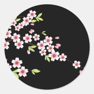 ブラックピンクアンドグリーンさくらんぼブロッサム桜 ラウンドシール