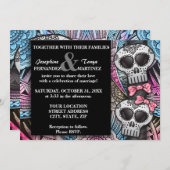 ブラックピンクアンドブルーシュガースカル結婚ズグリッター 招待状 (正面/裏面)