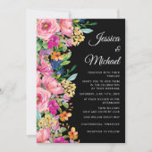ブラックピンクイエローウォーター色ワイルドフラワー結婚ズ 招待状 (正面)