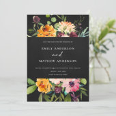 ブラックピンクイエローフローラ保存日付招待状 サンキューカード (スタンド正面)