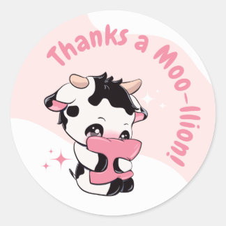 ブラックピンクカウホワイトクラウドありがとうラウンドステッカー ラウンドシール