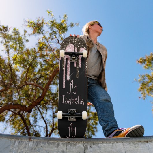 ブラックピンクガーリーグリッタースパークパーソナライズされたル名 スケートボード (室外1)