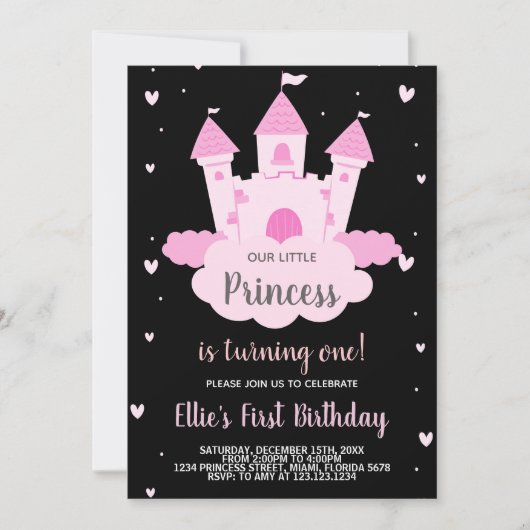 ブラックピンクキャッスルアンダークラウドプリンセス誕生日 招待状 (正面)