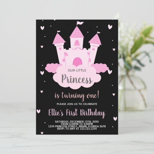 ブラックピンクキャッスルアンダークラウドプリンセス誕生日 招待状 (スタンド正面)