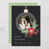 ブラックピンククリスマスオーナメントフォトポインセチア シーズンカード (正面/裏面)