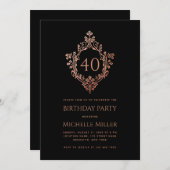 ブラックピンククレストエレガントヴィンテージ40歳の誕生日 招待状 (正面/裏面)