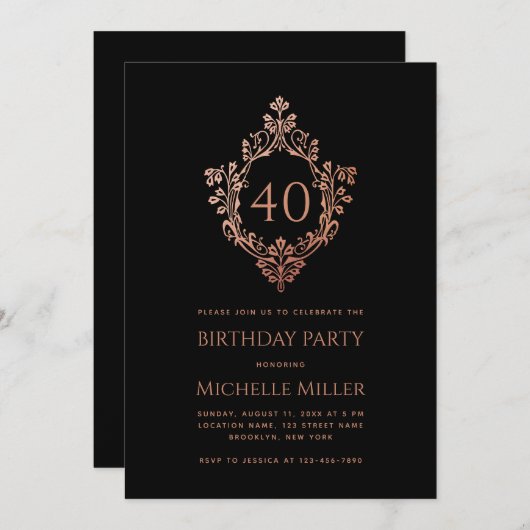 ブラックピンククレストエレガントヴィンテージ40歳の誕生日 招待状 (正面/裏面)