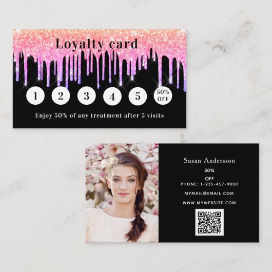 ブラックピンクグリッターは写真のqrコードを乾燥 ロイヤリティカード (正面/裏面)