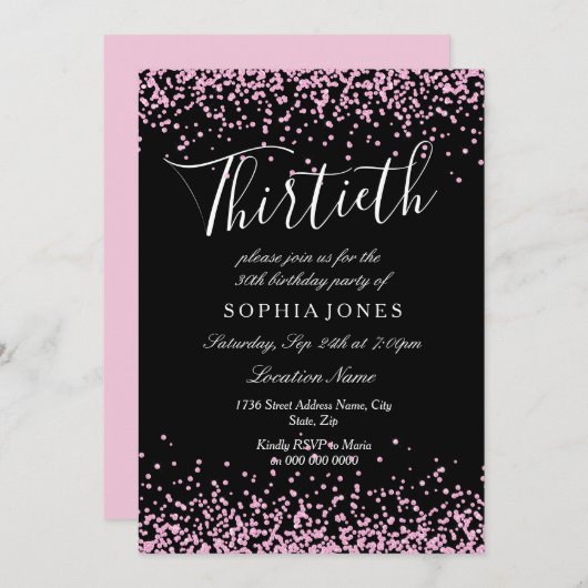 ブラックピンクグリッターガールズ30th誕生日パーティー 招待状 (正面/裏面)