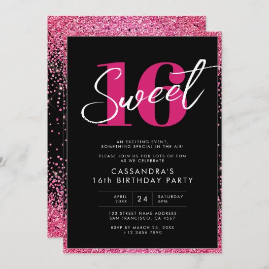 ブラックピンクグリッターグラムSweet sixteen誕生日 招待状 (正面/裏面)