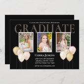 ブラックピンクグリッターバルーンフォト卒業パーティー 招待状 (正面/裏面)