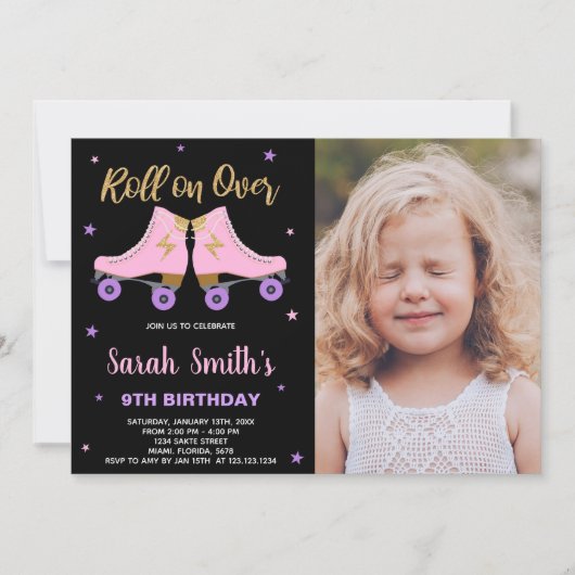 ブラックピンクグリッターフォトスケートで滑る誕生日 招待状 (正面)