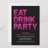 ブラックピンクグリッター Eat Drink Party 50歳の誕生日 招待状 (正面)