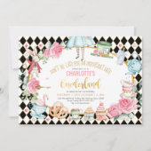 ブラックピンクゴールド アリスのオンデルランド 誕生日ティーパーティー 招待状 (正面)