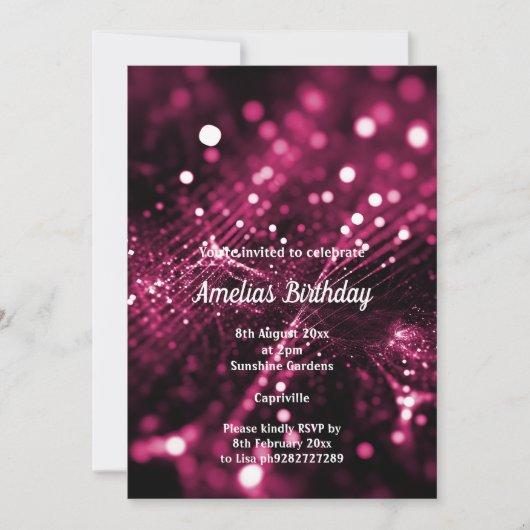 ブラックピンクサテンダイヤモンドウォーターフォールドバースデーパーティー 招待状 (正面)