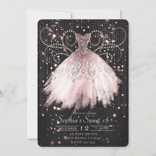 ブラックピンクシルバーグリッタードレススウィート16パーティー 招待状 (正面)