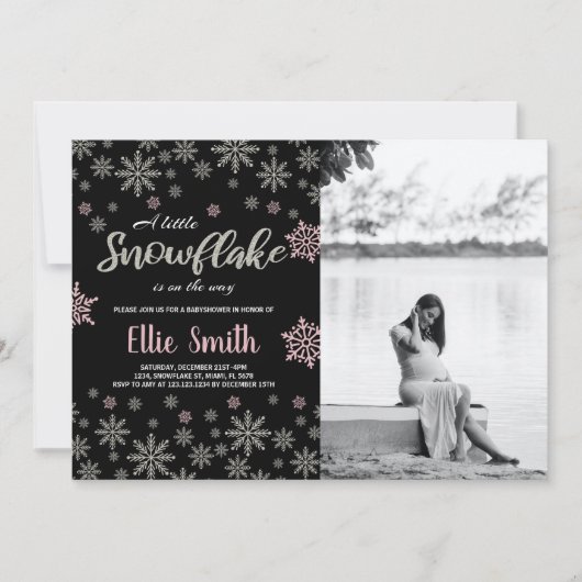 ブラックピンクシルバー冬の赤ちゃんシャワー写真 招待状 (正面)