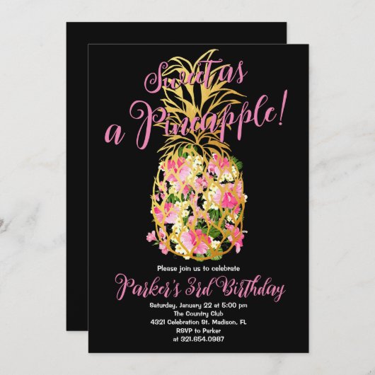 ブラックピンクスイートパインアップル誕生日パーティー 招待状 (正面/裏面)
