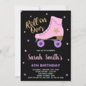 ブラックピンクスターグリッタースケートで滑る誕生日 招待状 (正面)