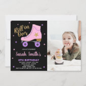 ブラックピンクスターグリッターフォトスケートで滑る誕生日 招待状 (正面)