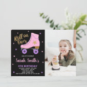 ブラックピンクスターグリッターフォトスケートで滑る誕生日 招待状 (スタンド正面)