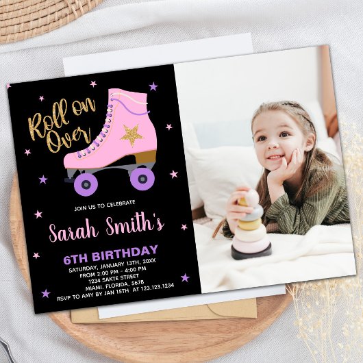 ブラックピンクスターグリッターフォトスケートで滑る誕生日 招待状