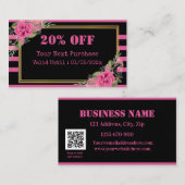 ブラックピンクストライプフローラQRコード割引カード 割引カード (正面/裏面)