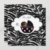 ブラックピンクゼブラベビーガールシャワー招待状 招待状 (正面/裏面)