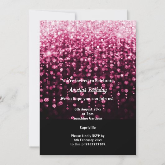 ブラックピンクダイヤモンドウォーターフォールドバースデーパーティー 招待状 (正面)